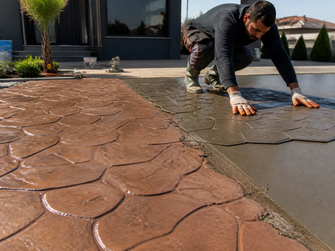 Villa bahçesinde desenli baskı beton uygulaması