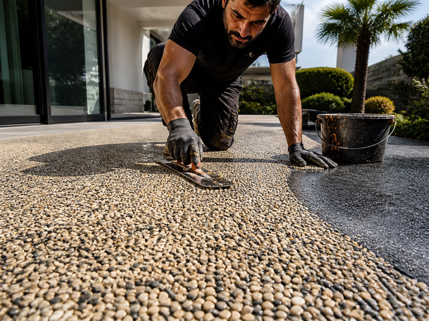 Villa terasında Stone Carpet taş halı zemin uygulaması